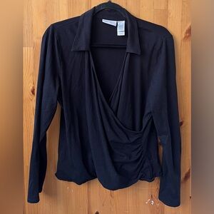 Liz Claiborne Petite Women's Black Long Sleeve Collared V-Neck Blouse -Size LP